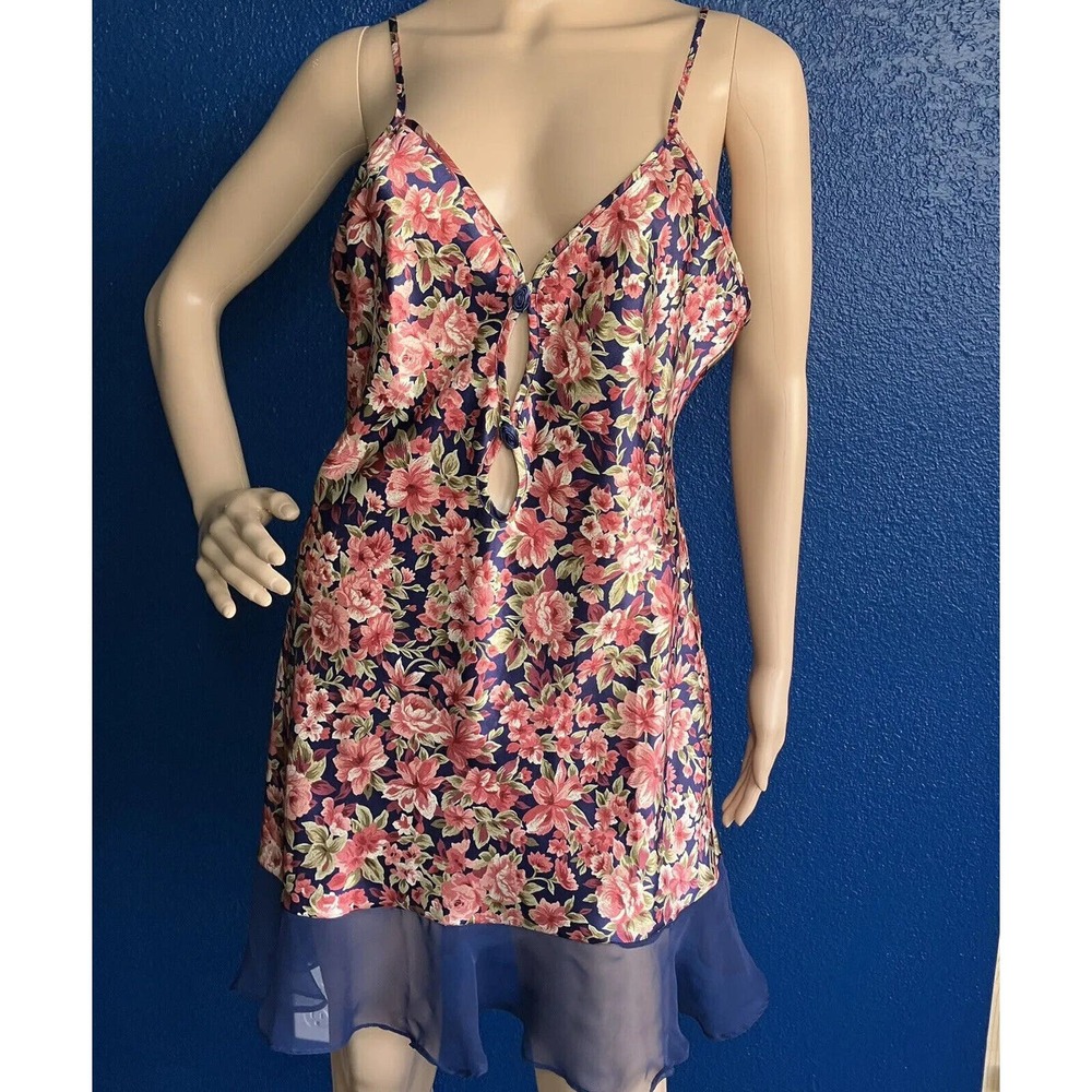 Vintage Honors Intimates Medium Slip Negligee Dress Blue Pink Floral Rosebud